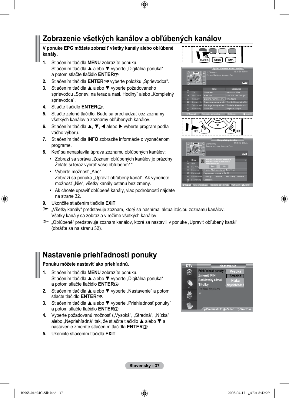 Zobrazenie všetkých kanálov a obľúbených kanálov, Nastavenie priehľadnosti ponuky | Samsung LE37A616A3F User Manual | Page 515 / 614