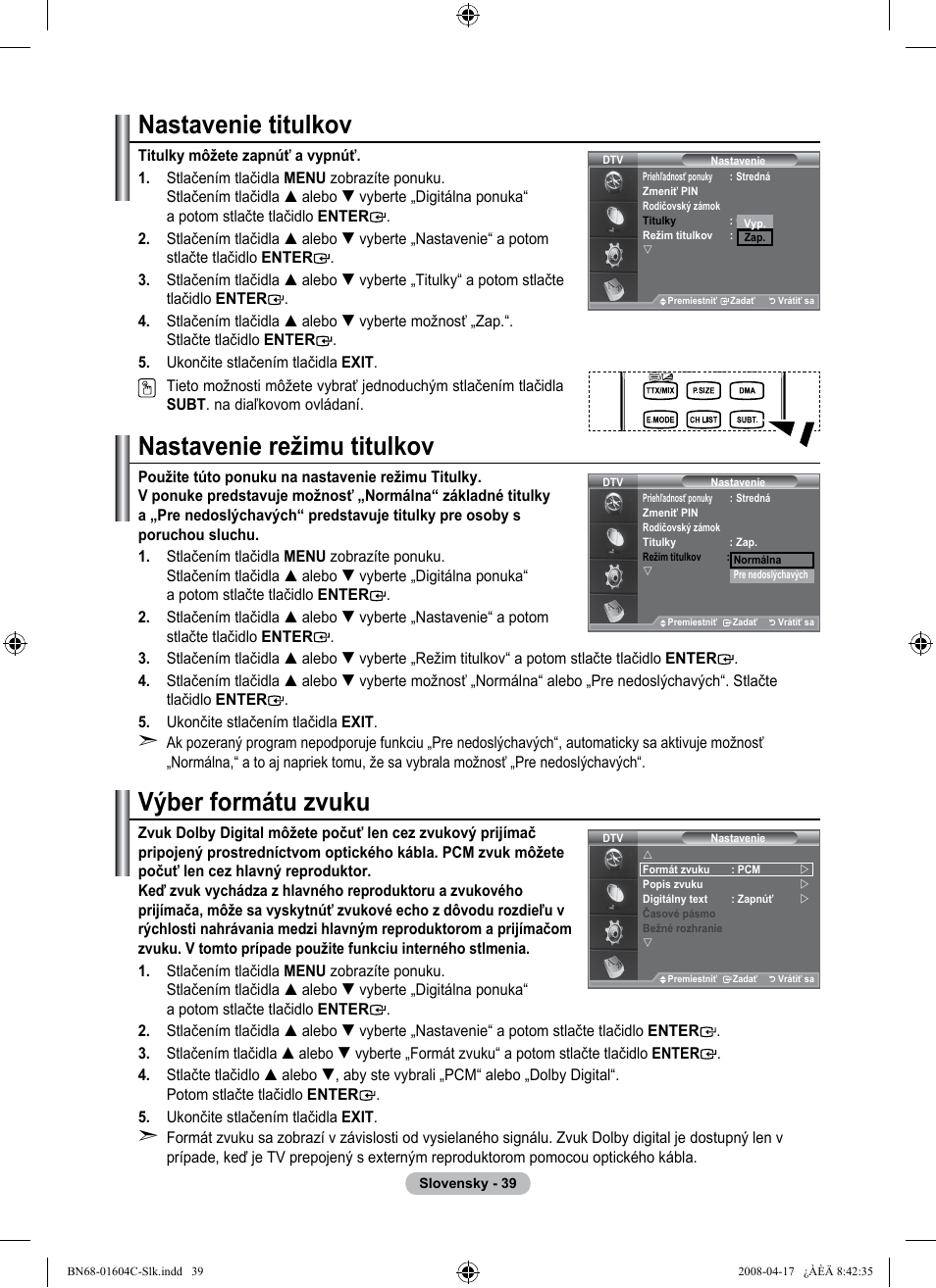 Nastavenie titulkov, Nastavenie režimu titulkov, Výber formátu zvuku | Samsung LE37A616A3F User Manual | Page 517 / 614