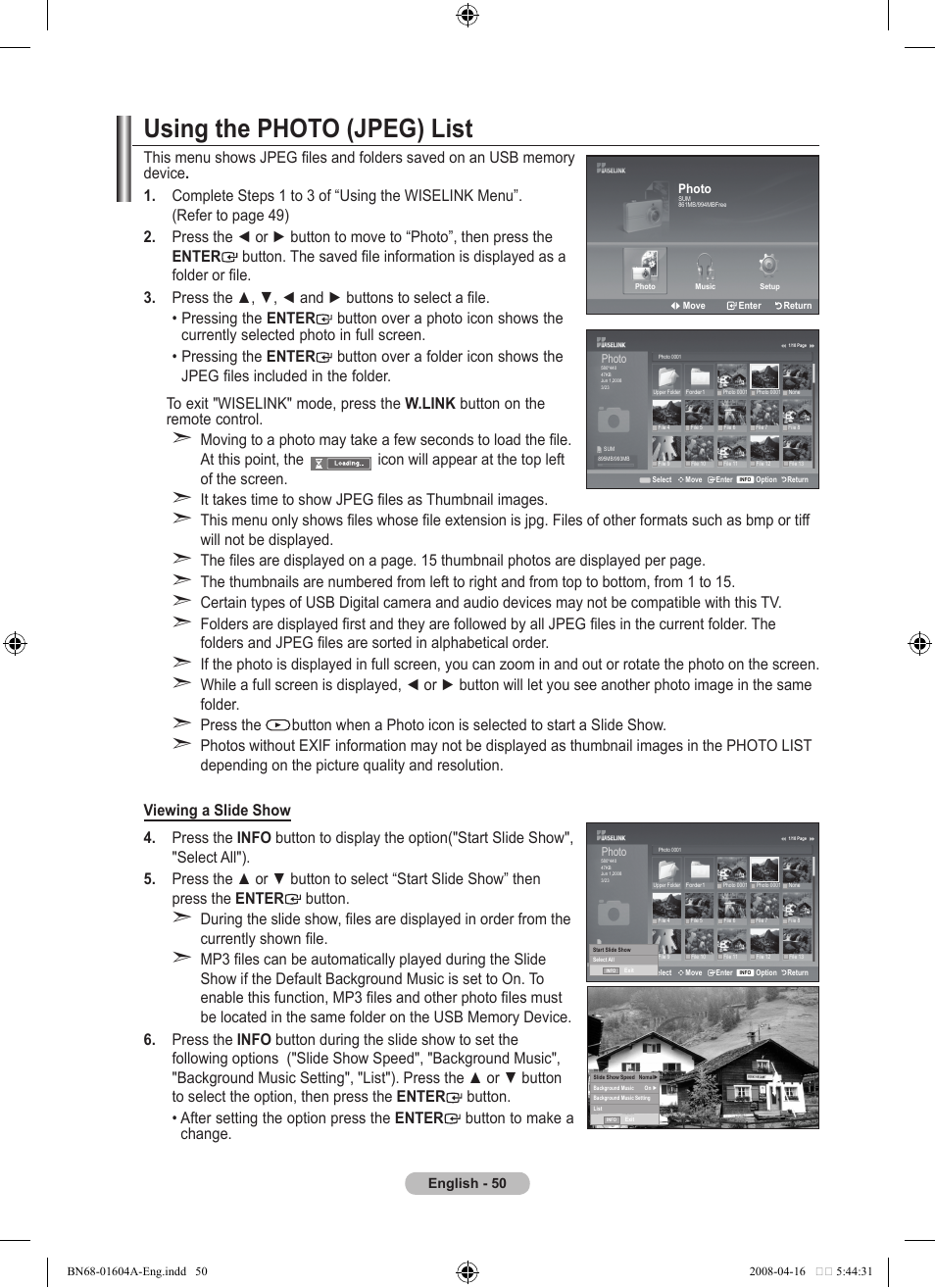 Using the photo (jpeg) list | Samsung LE37A616A3F User Manual | Page 52 / 614