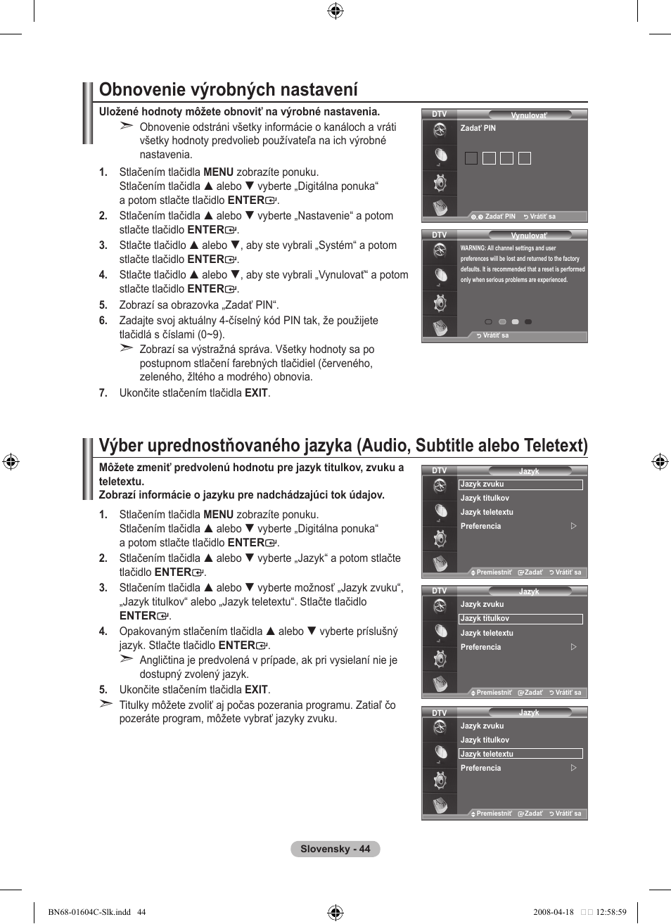 Obnovenie výrobných nastavení | Samsung LE37A616A3F User Manual | Page 522 / 614