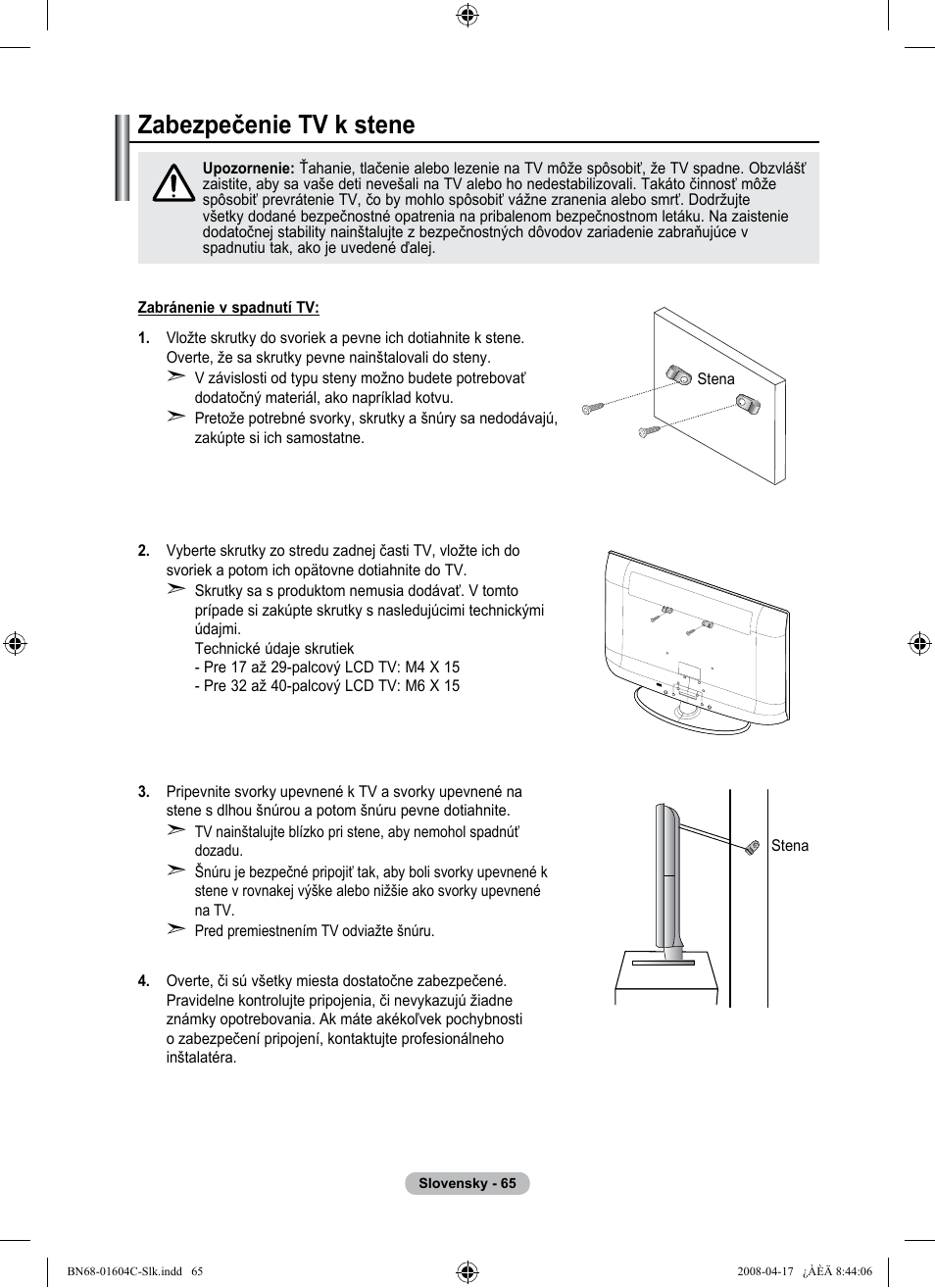 경고 주의 경고 주의, Zabezpečenie tv k stene | Samsung LE37A616A3F User Manual | Page 543 / 614