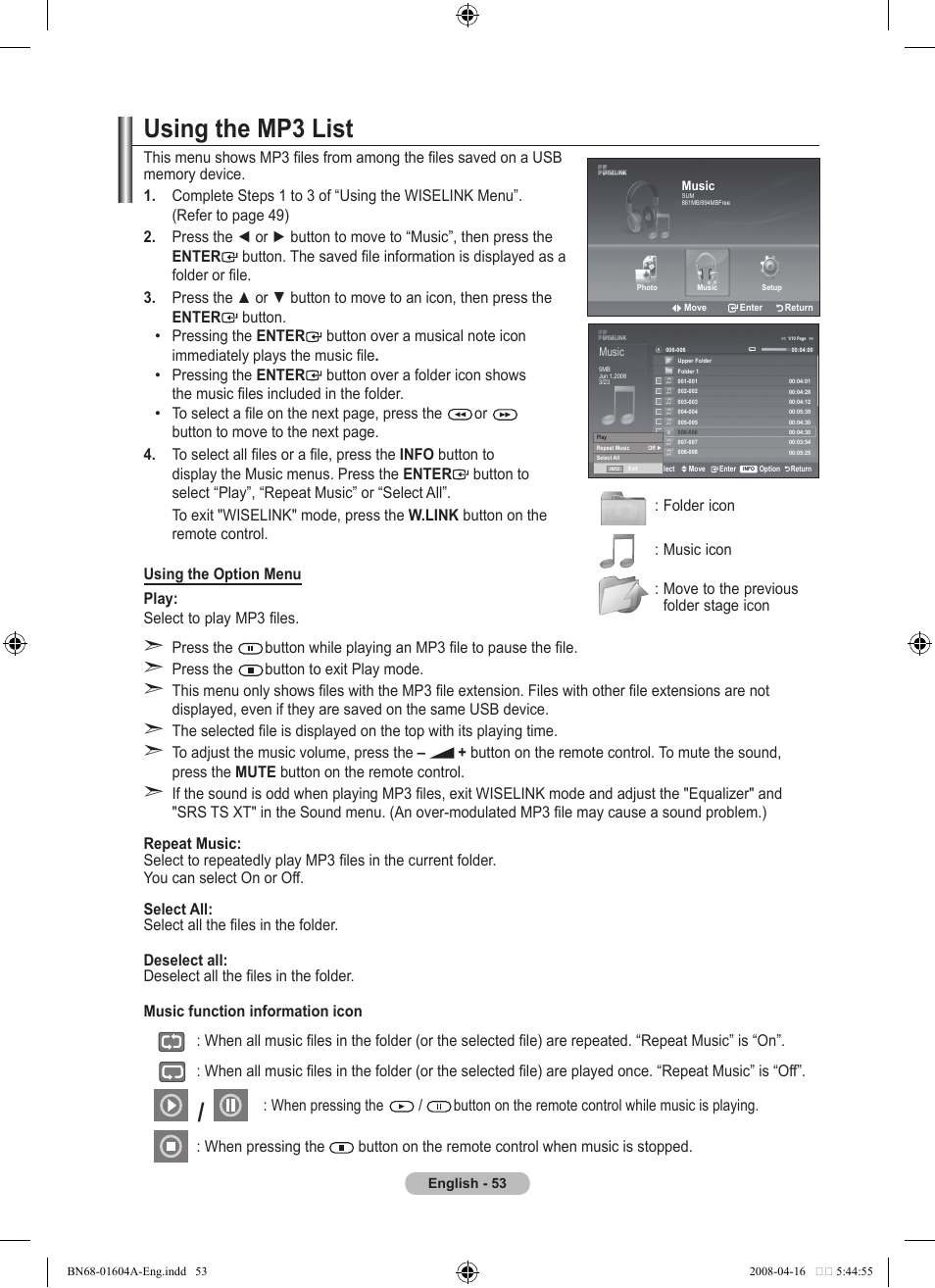 Using the mp3 list, Using the mp list | Samsung LE37A616A3F User Manual | Page 55 / 614