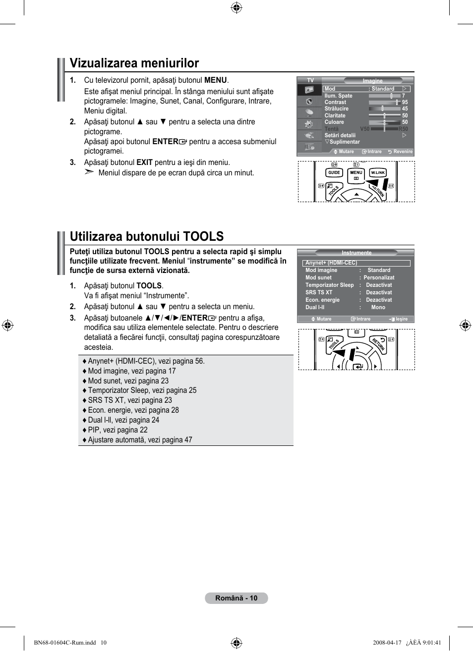 Vizualizarea meniurilor, Utilizarea butonului tools | Samsung LE37A616A3F User Manual | Page 556 / 614