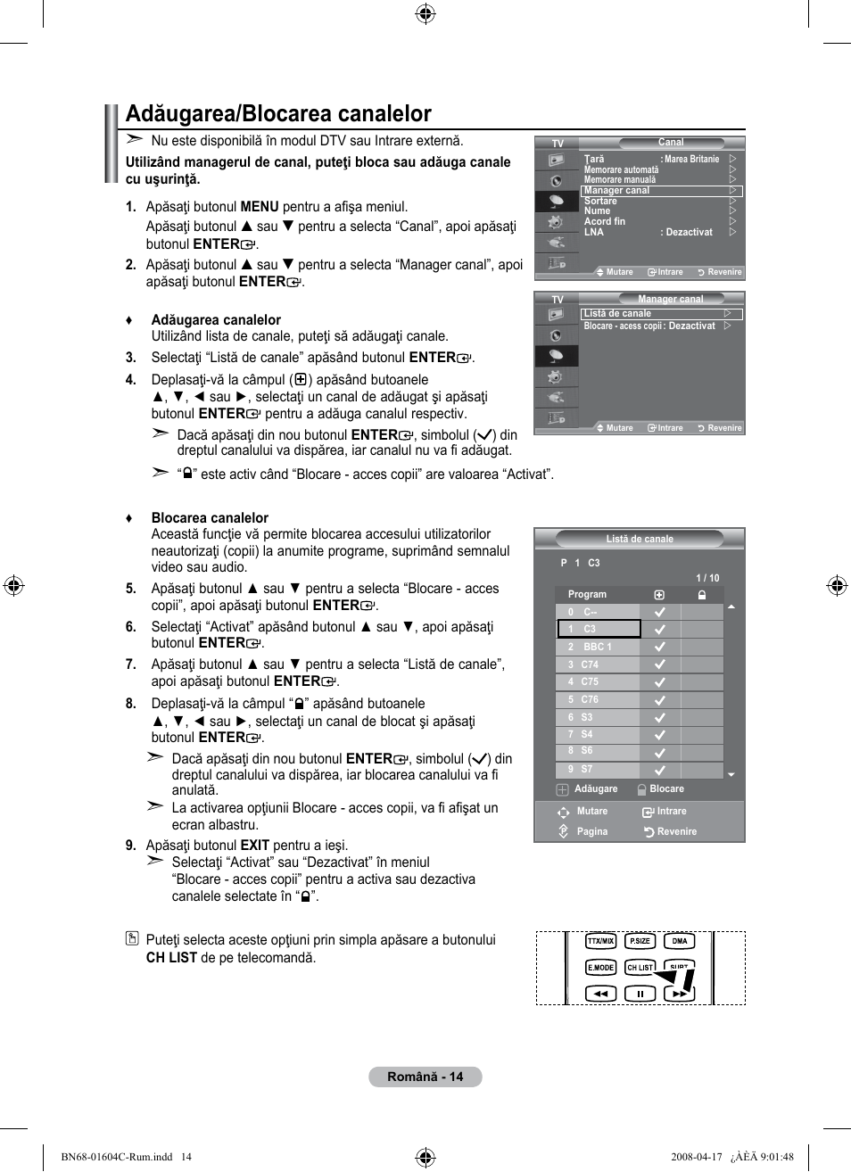 Adăugarea/blocarea canalelor | Samsung LE37A616A3F User Manual | Page 560 / 614