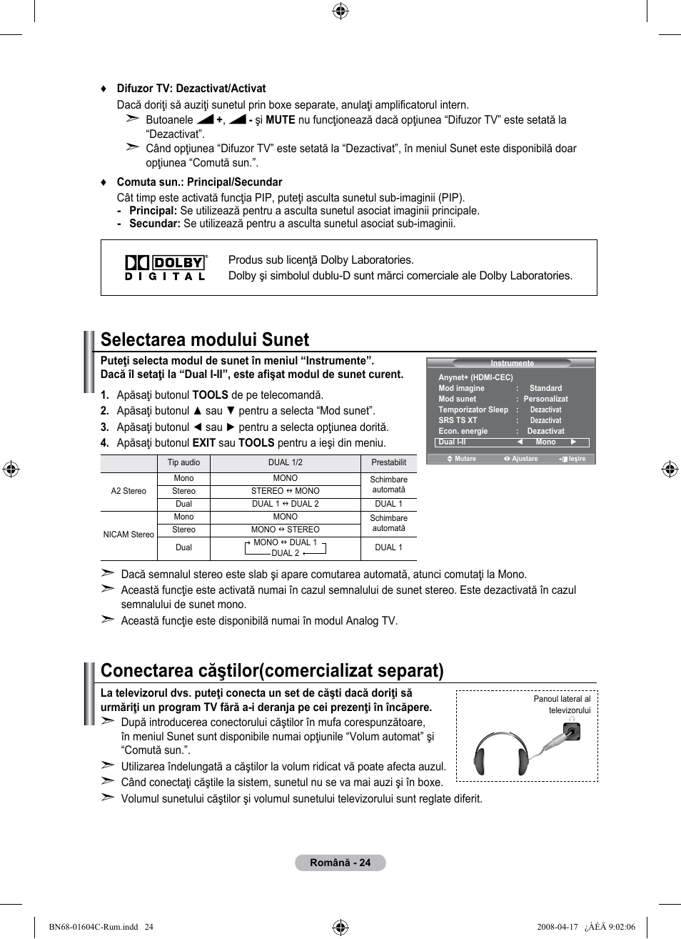 Selectarea modului sunet, Conectarea căştilor(comercializat separat) | Samsung LE37A616A3F User Manual | Page 570 / 614