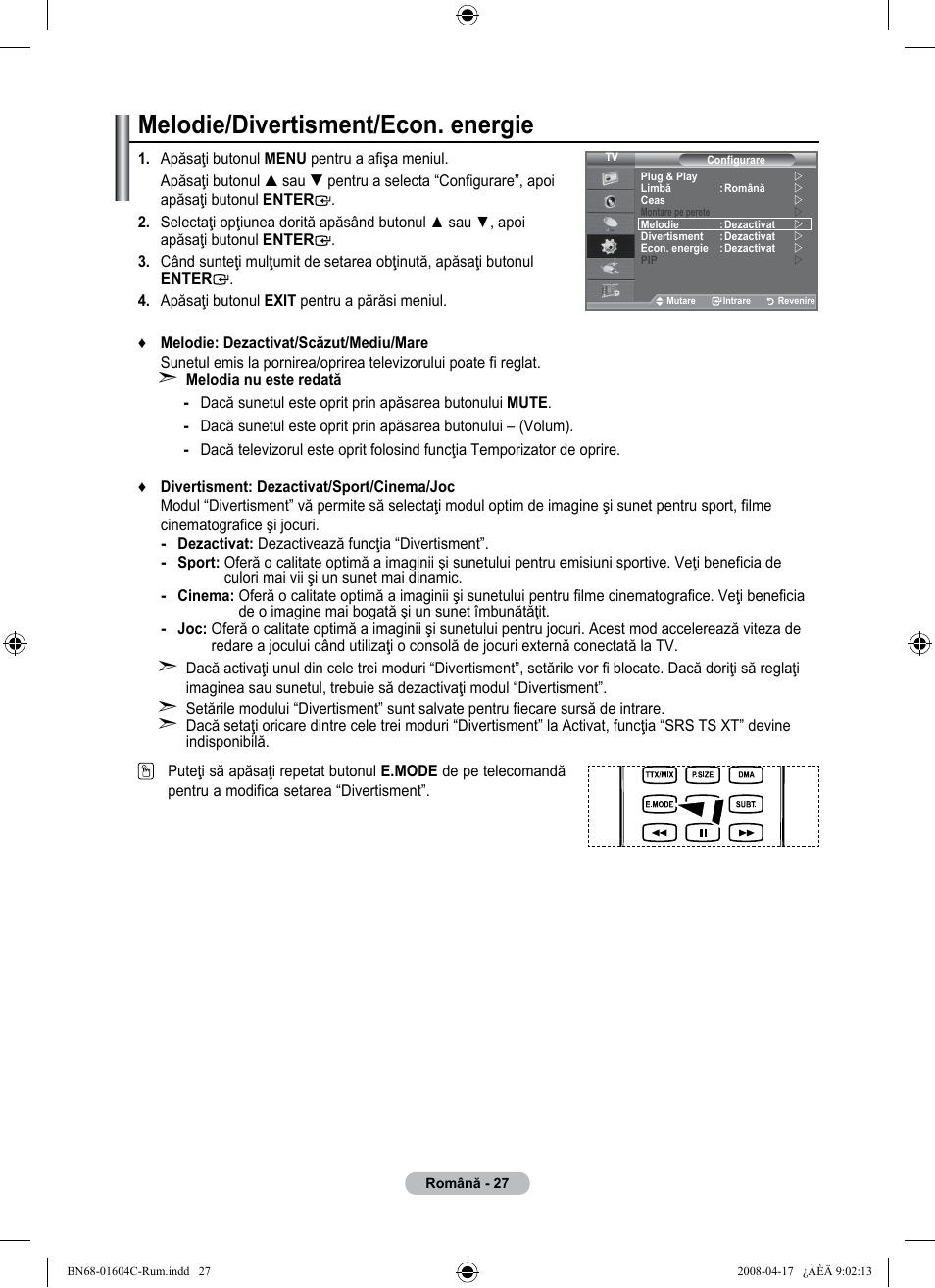 Melodie/divertisment/econ. energie | Samsung LE37A616A3F User Manual | Page 573 / 614