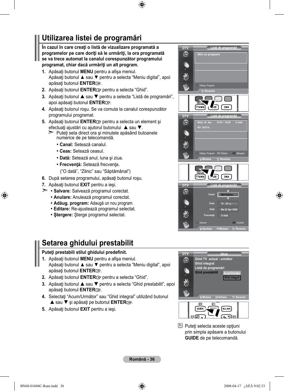 Utilizarea listei de programări, Setarea ghidului prestabilit | Samsung LE37A616A3F User Manual | Page 582 / 614