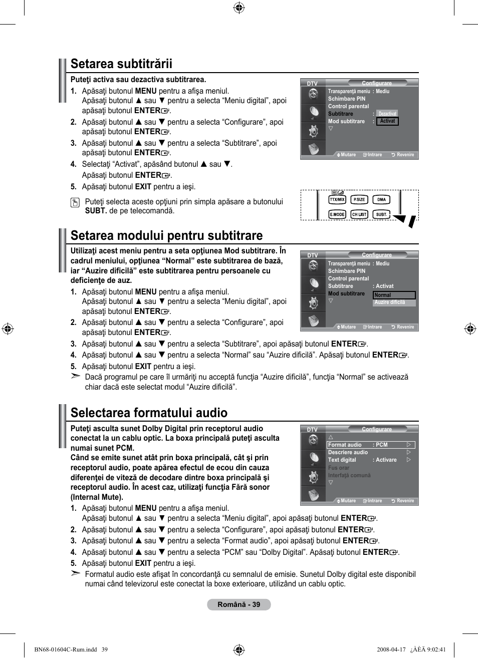 Setarea subtitrării, Setarea modului pentru subtitrare, Selectarea formatului audio | Samsung LE37A616A3F User Manual | Page 585 / 614