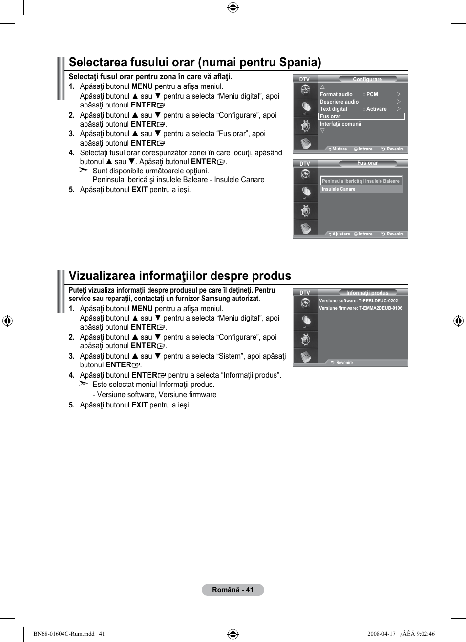 Selectarea fusului orar (numai pentru spania), Vizualizarea informaţiilor despre produs | Samsung LE37A616A3F User Manual | Page 587 / 614