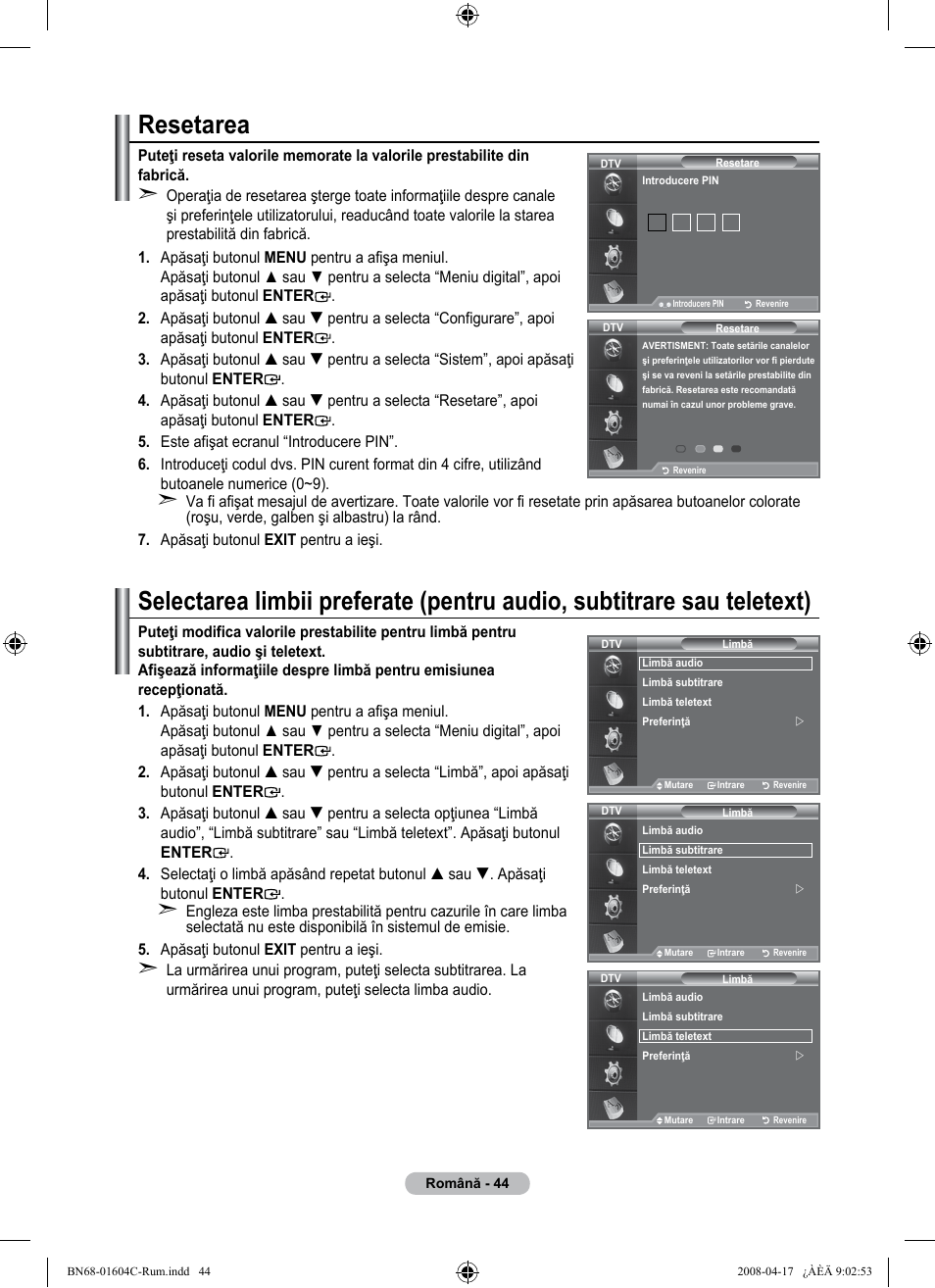 Resetarea | Samsung LE37A616A3F User Manual | Page 590 / 614