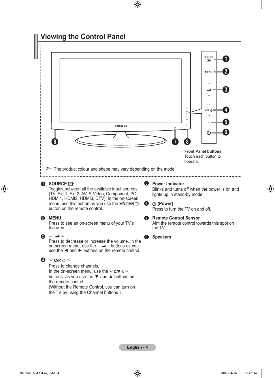 Viewing the control panel | Samsung LE37A616A3F User Manual | Page 6 / 614
