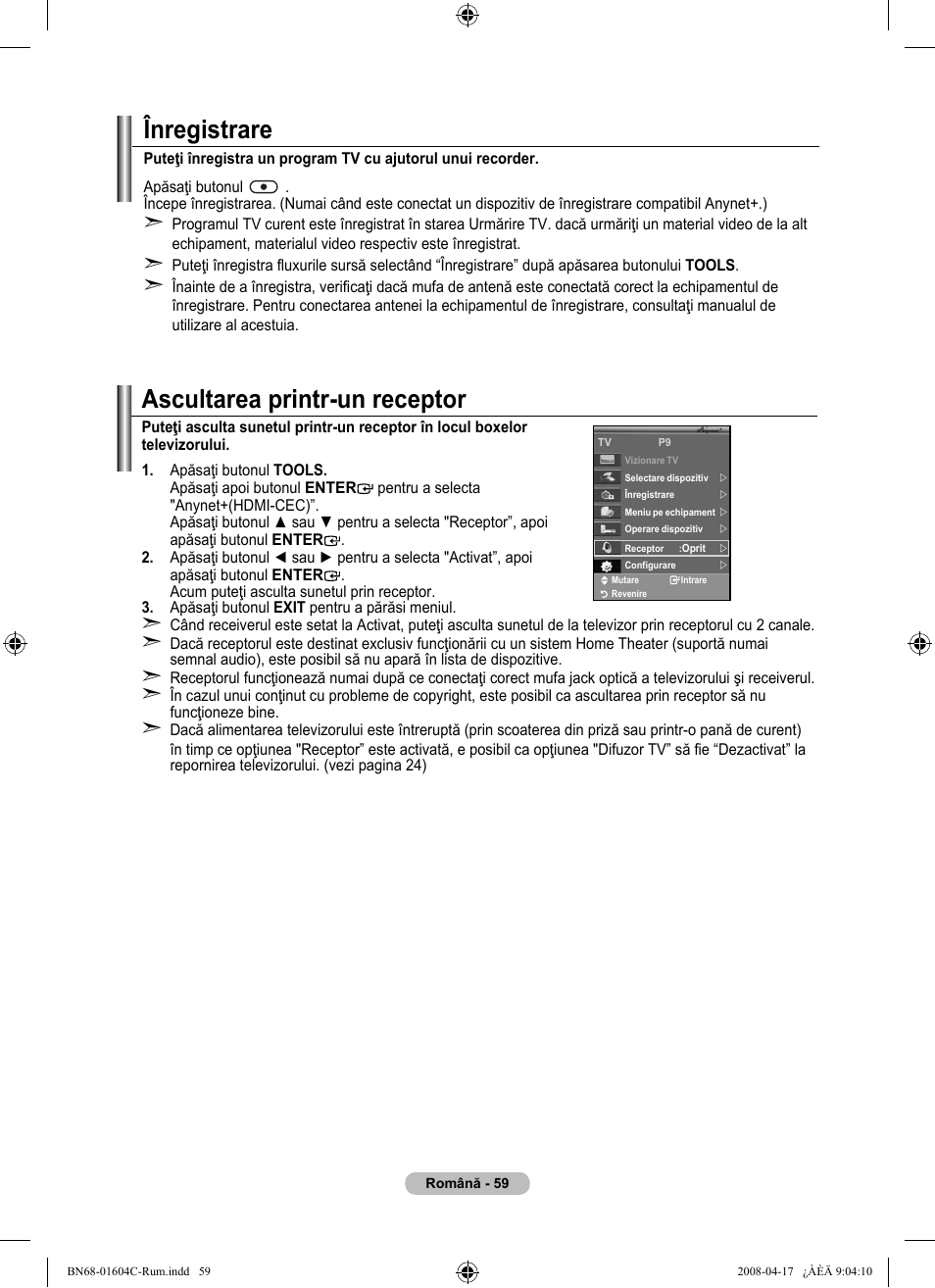 Ascultarea printr-un receptor, Înregistrare | Samsung LE37A616A3F User Manual | Page 605 / 614