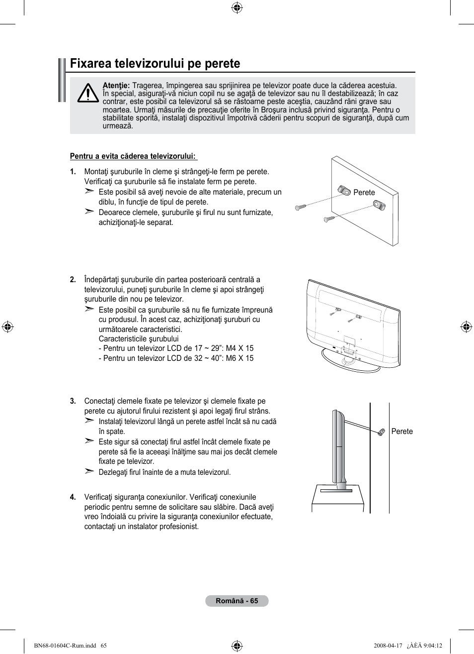 경고 주의 경고 주의, Fixarea televizorului pe perete | Samsung LE37A616A3F User Manual | Page 611 / 614