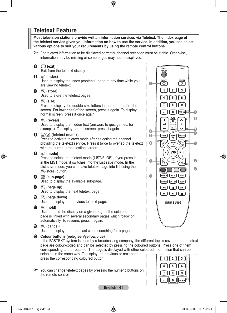 Recommendations for use, Teletext feature | Samsung LE37A616A3F User Manual | Page 63 / 614