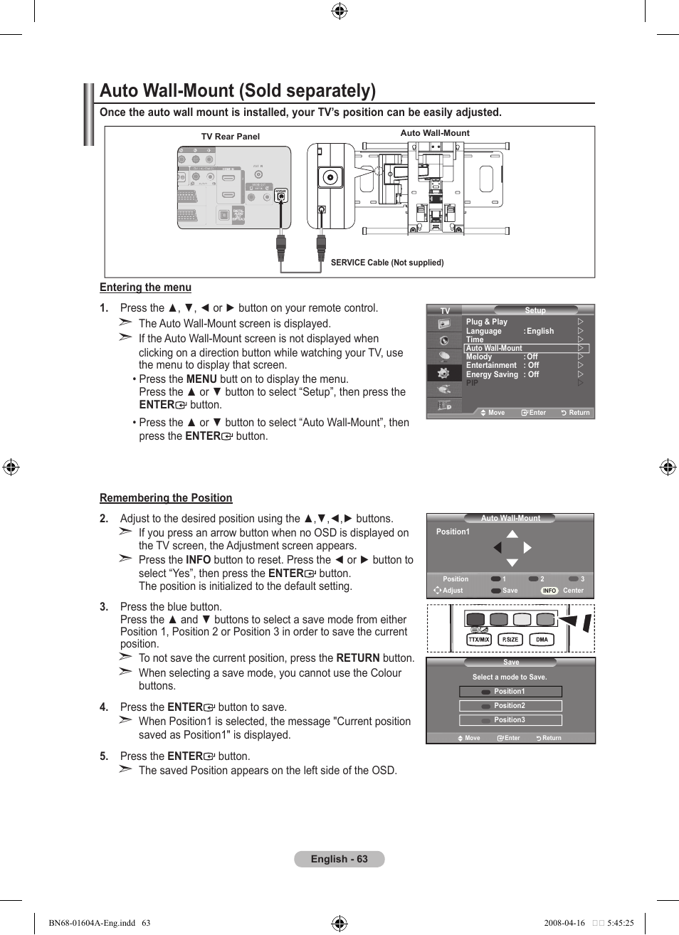 Auto wall-mount (sold separately) | Samsung LE37A616A3F User Manual | Page 65 / 614