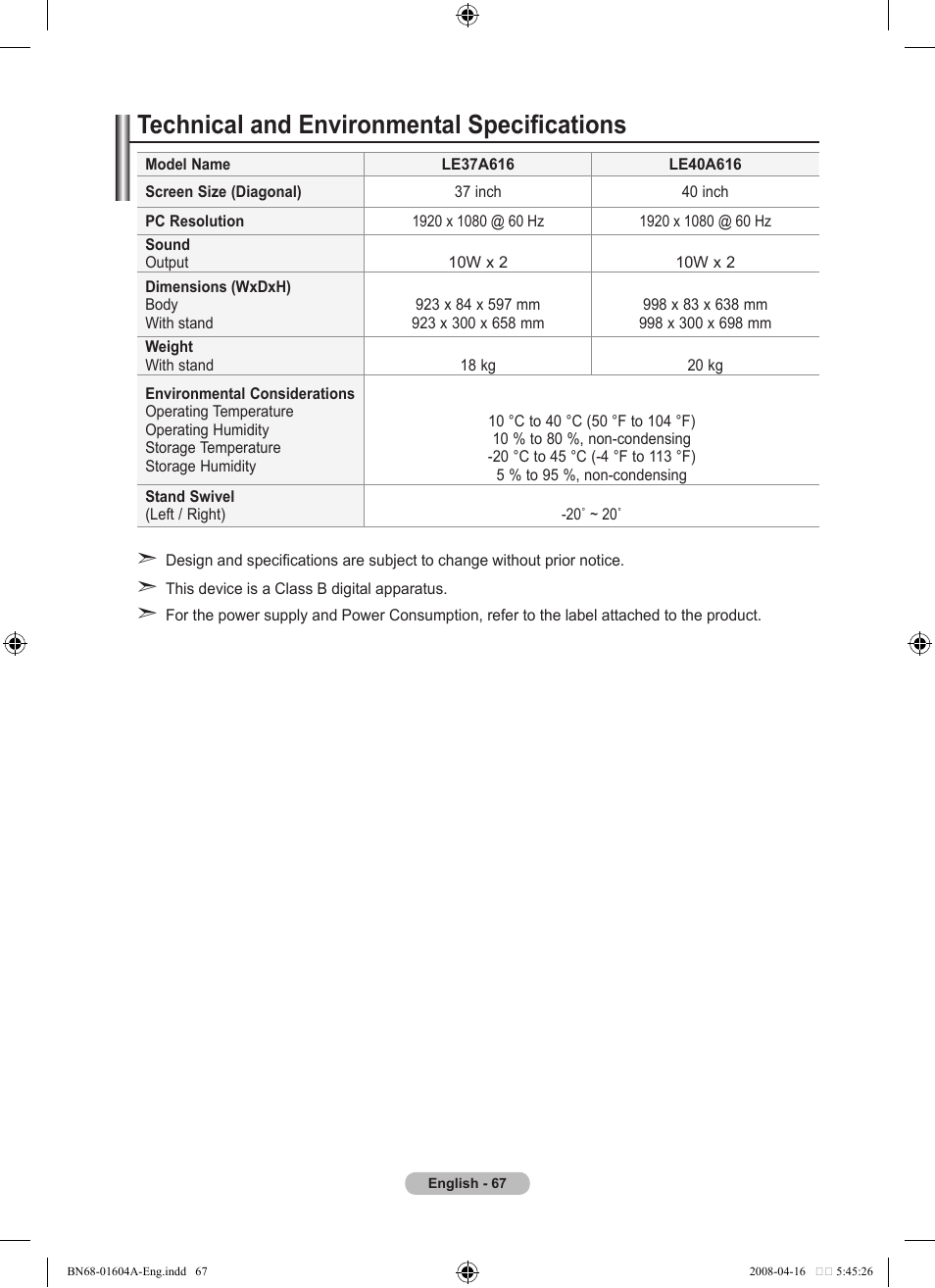 Technical and environmental specifications | Samsung LE37A616A3F User Manual | Page 69 / 614