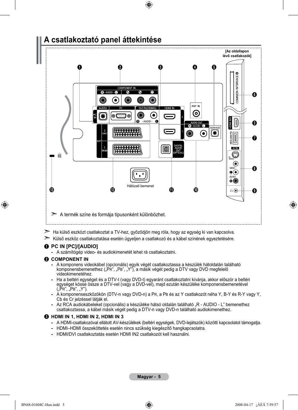 A csatlakoztató panel áttekintése | Samsung LE37A616A3F User Manual | Page 75 / 614