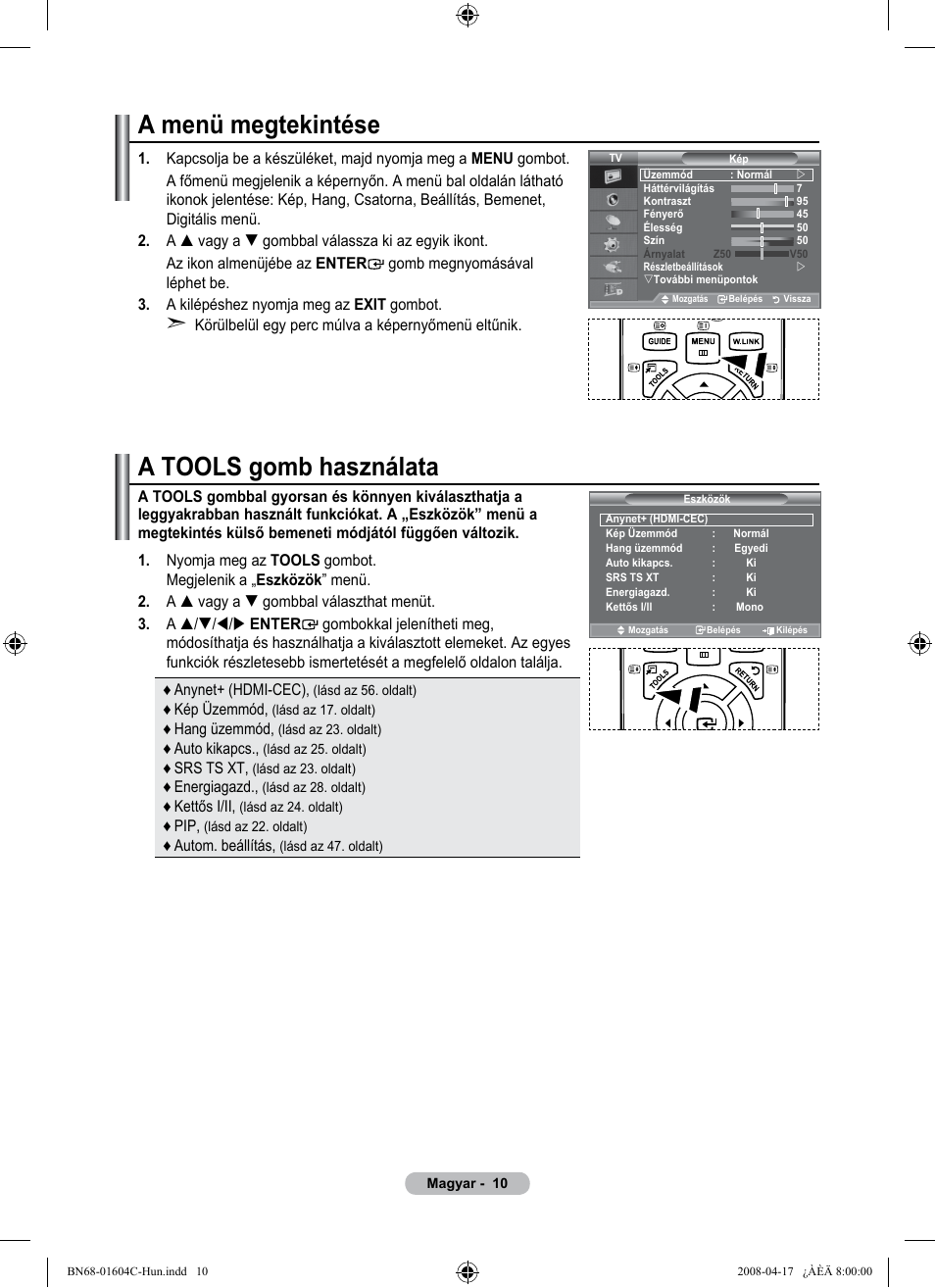 A menü megtekintése, A tools gomb használata | Samsung LE37A616A3F User Manual | Page 80 / 614