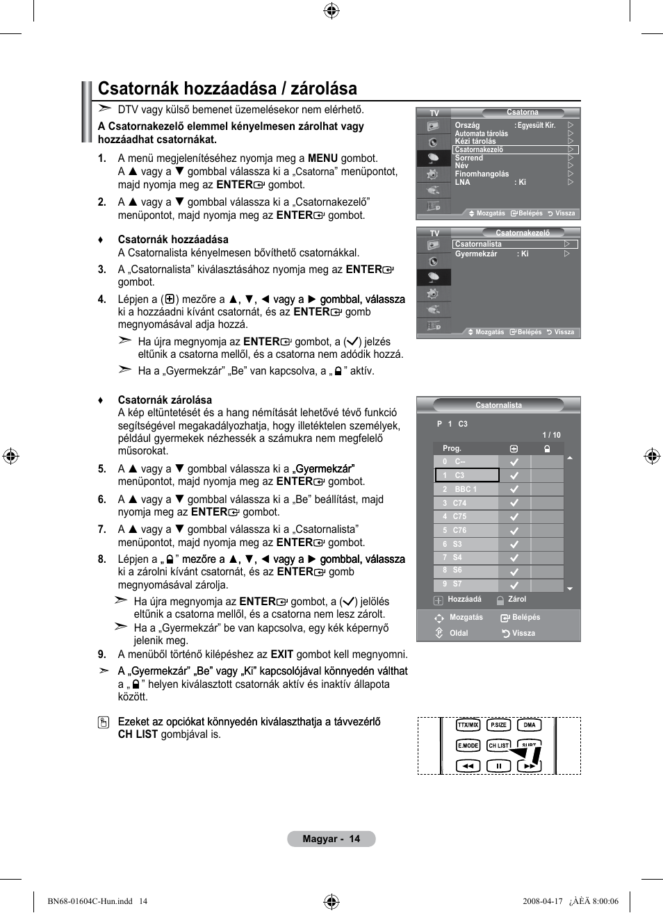 Csatornák hozzáadása / zárolása | Samsung LE37A616A3F User Manual | Page 84 / 614