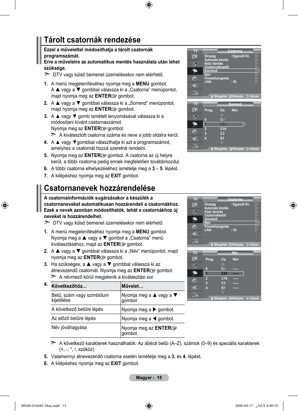 Tárolt csatornák rendezése, Csatornanevek hozzárendelése | Samsung LE37A616A3F User Manual | Page 85 / 614