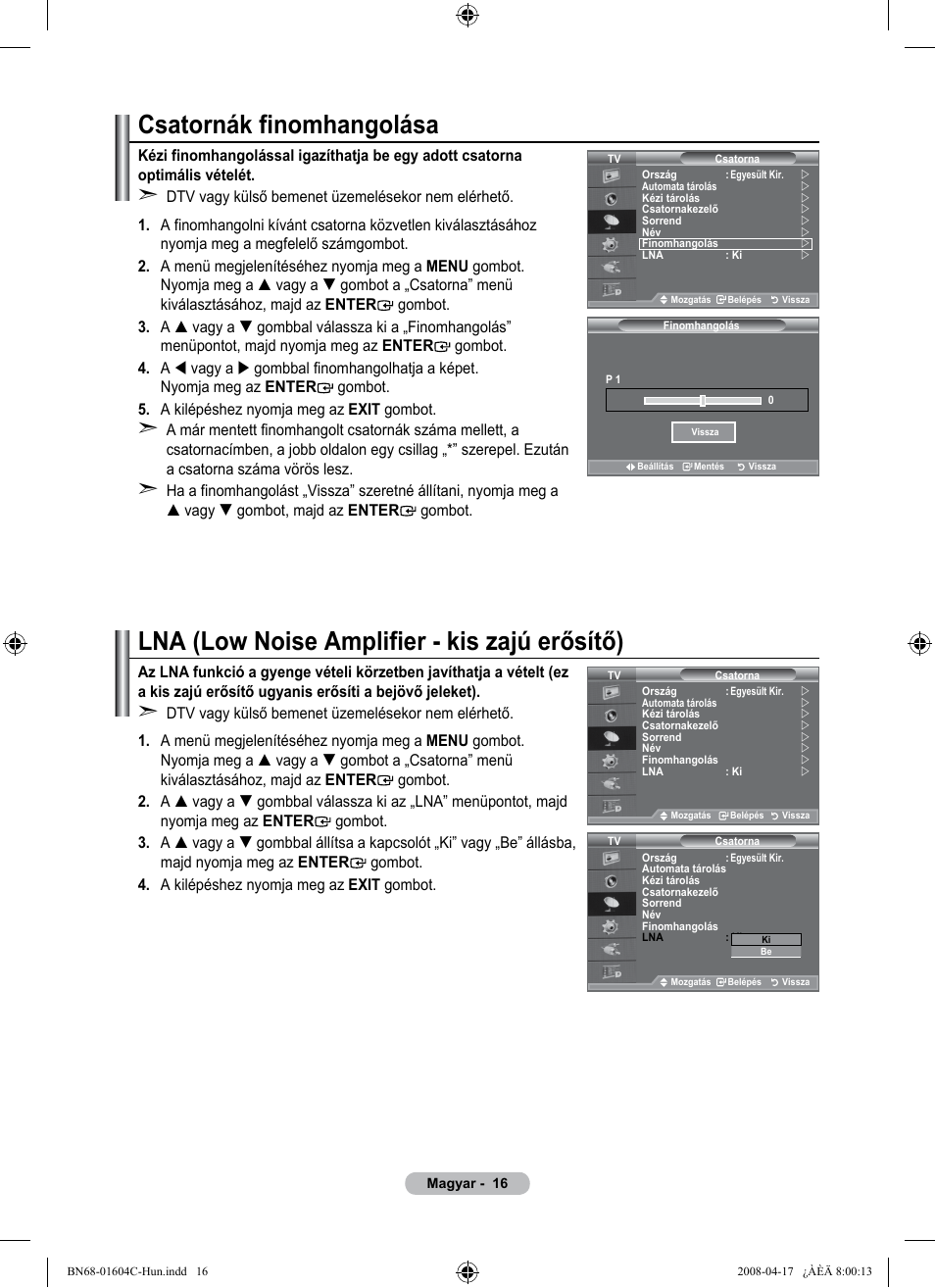 Csatornák finomhangolása, Lna (low noise amplifier - kis zajú erősítő) | Samsung LE37A616A3F User Manual | Page 86 / 614