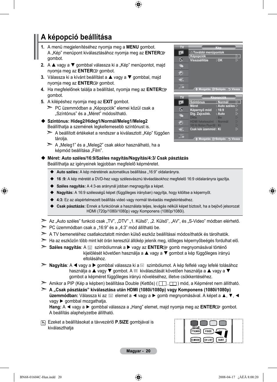 A képopció beállítása | Samsung LE37A616A3F User Manual | Page 90 / 614