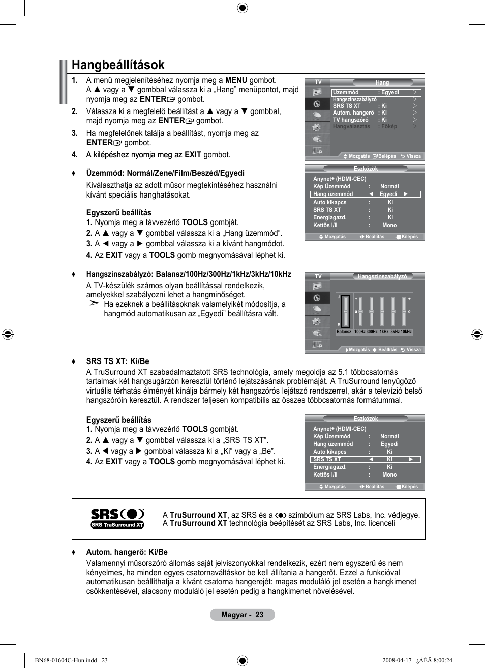 Hangbeállítások | Samsung LE37A616A3F User Manual | Page 93 / 614