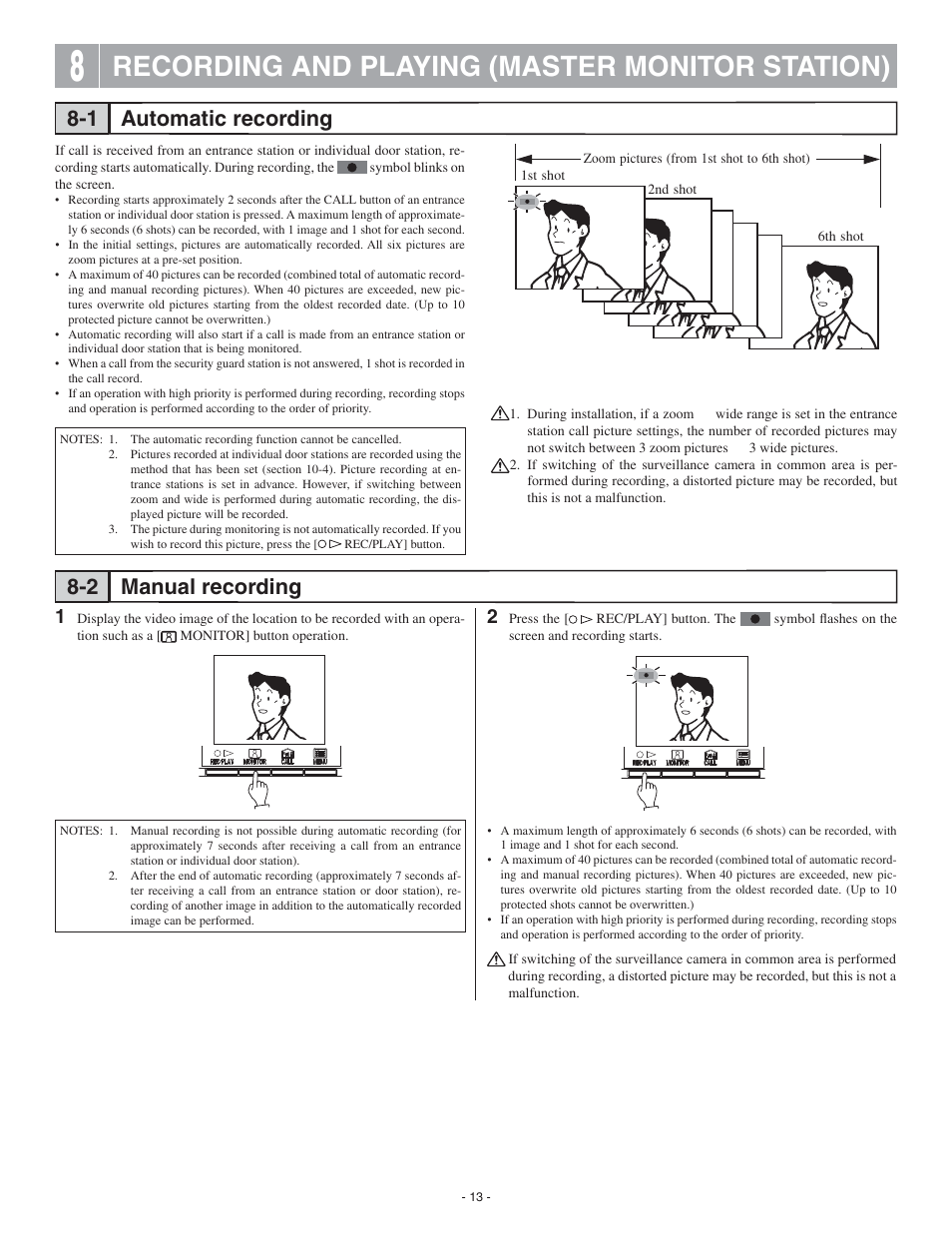 Recording and playing (master monitor station), Automatic recording manual recording 8-1 8-2 | Aiphone GT-2C-L User Manual | Page 13 / 26