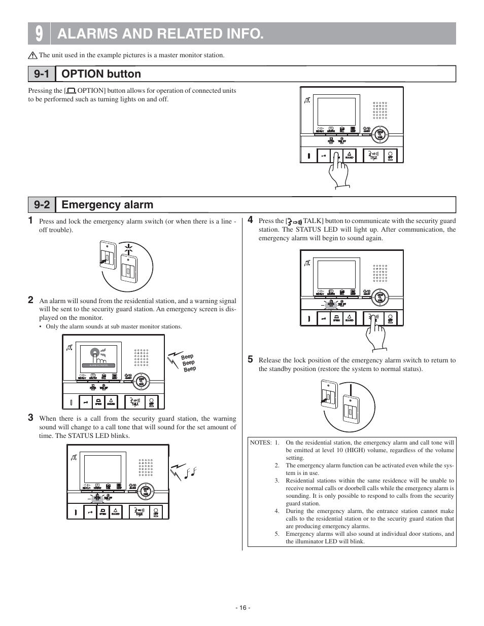 Alarms and related info, Option button emergency alarm 9-1 9-2 | Aiphone GT-2C-L User Manual | Page 16 / 26