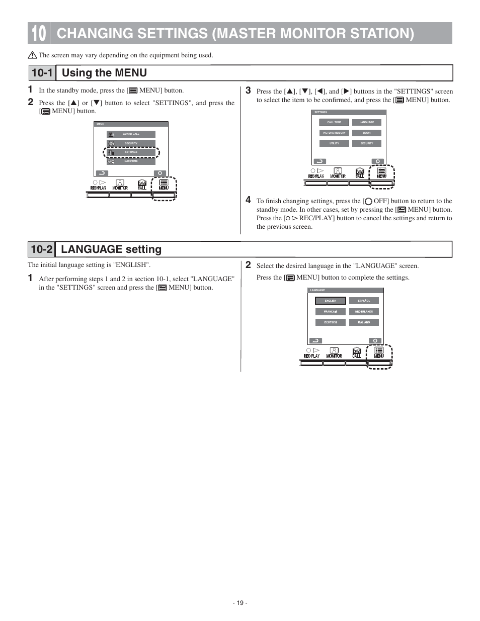Changing settings (master monitor station), Using the menu 10-1, Language setting 10-2 | Aiphone GT-2C-L User Manual | Page 19 / 26