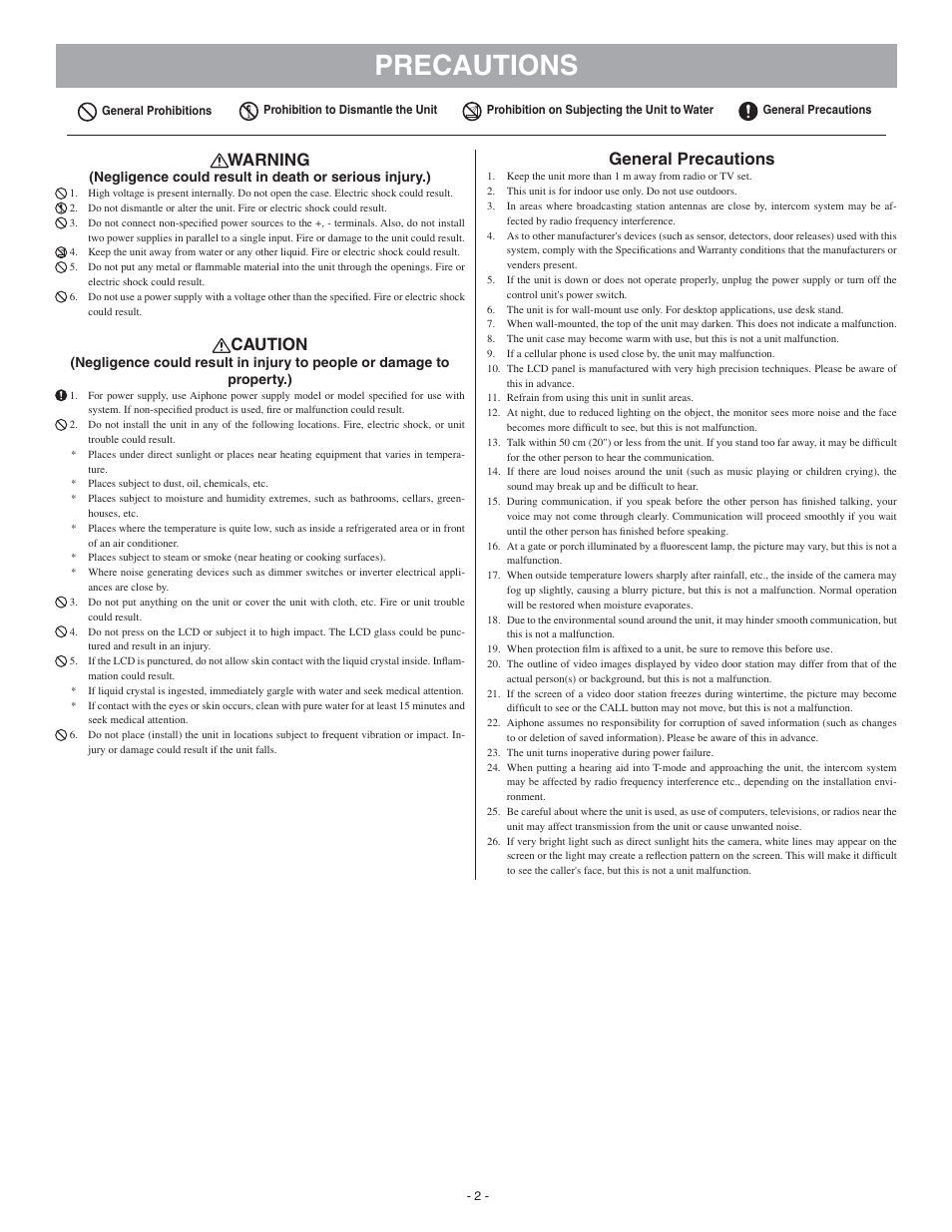 Precautions, Warning, Caution | General precautions | Aiphone GT-2C-L User Manual | Page 2 / 26