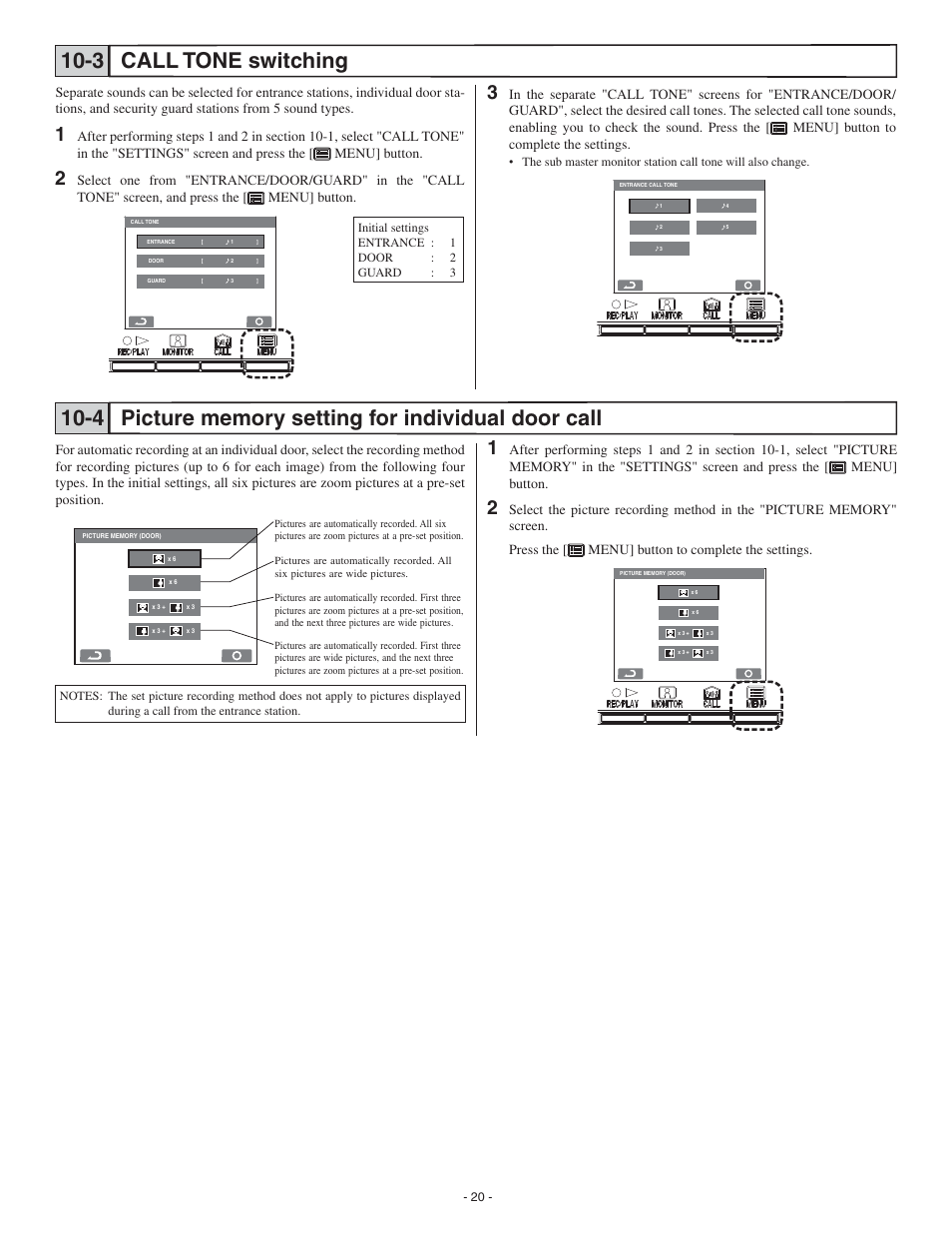 Call tone switching 10-3, Press the [ menu] button to complete the settings | Aiphone GT-2C-L User Manual | Page 20 / 26