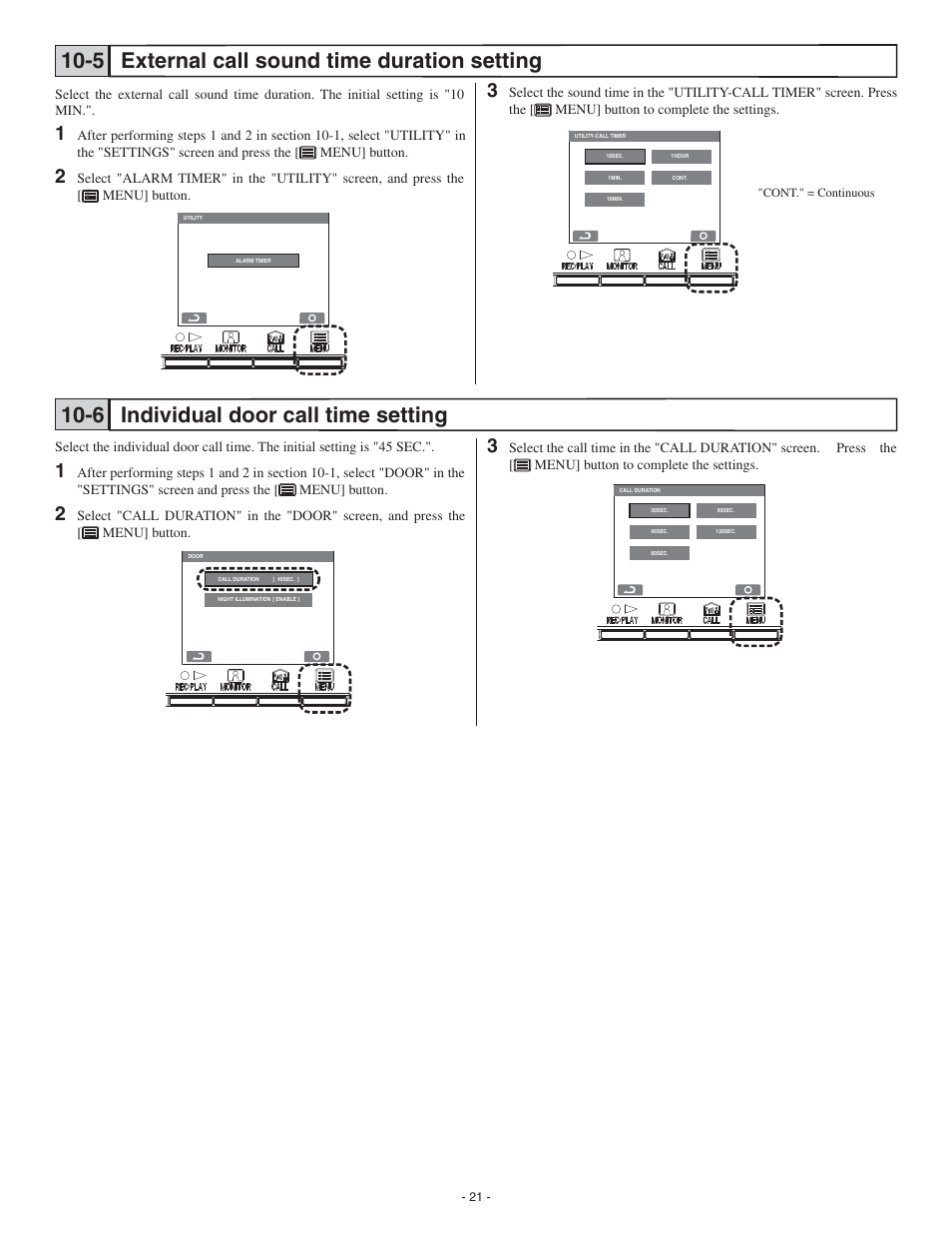 External call sound time duration setting 10-5, Individual door call time setting 10-6 | Aiphone GT-2C-L User Manual | Page 21 / 26