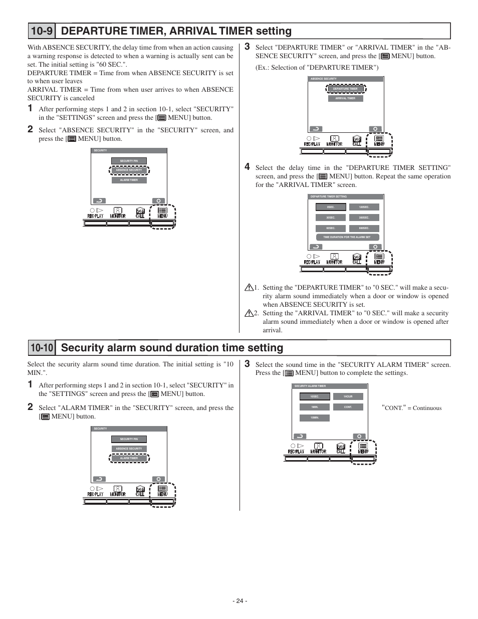 Departure timer, arrival timer setting 10-9, Security alarm sound duration time setting 10-10 | Aiphone GT-2C-L User Manual | Page 24 / 26