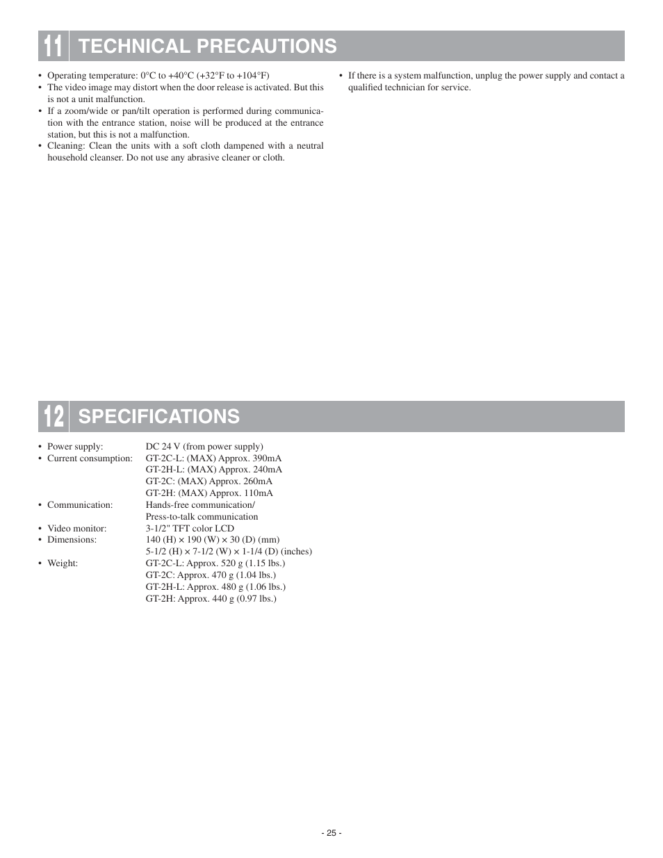 Technical precautions, Specifications | Aiphone GT-2C-L User Manual | Page 25 / 26