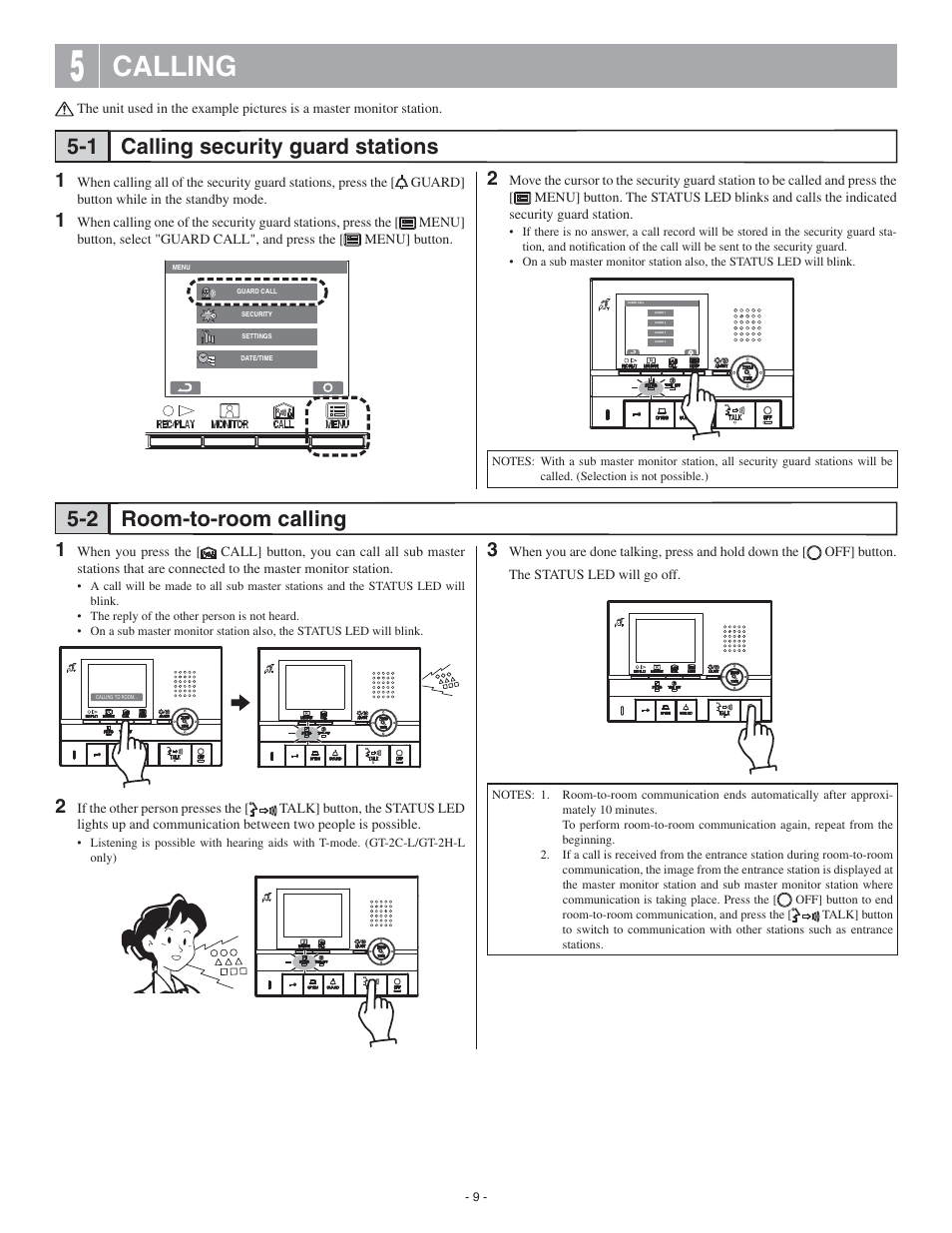Calling, Calling security guard stations 5-1, Room-to-room calling 5-2 | Aiphone GT-2C-L User Manual | Page 9 / 26