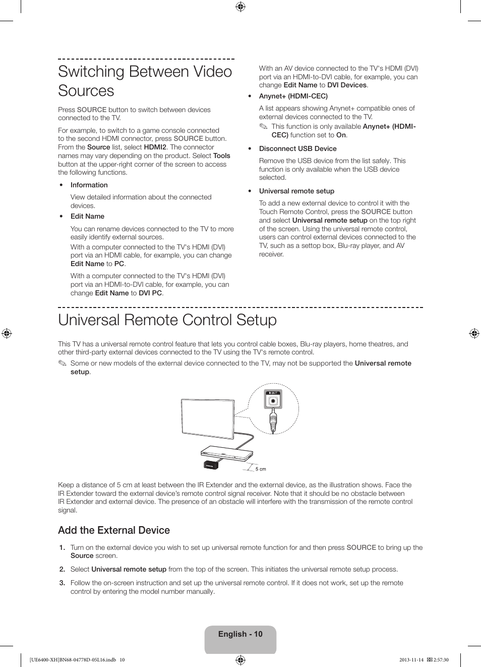 Switching between video sources, Universal remote control setup, Add the external device | Samsung UE40F6400AK User Manual | Page 10 / 385