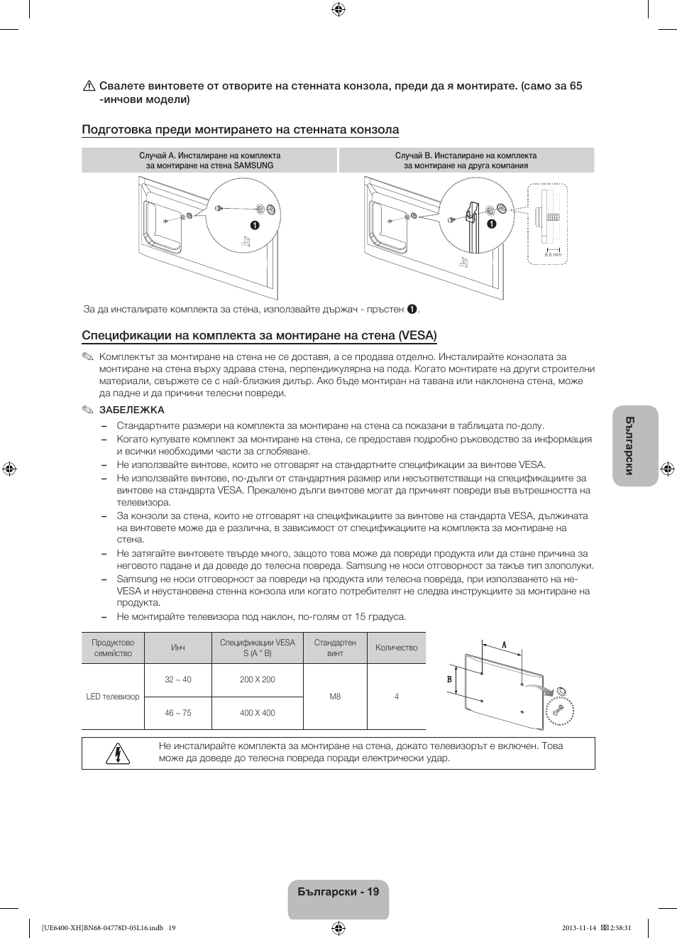 Подготовка преди монтирането на стенната конзола | Samsung UE40F6400AK User Manual | Page 115 / 385