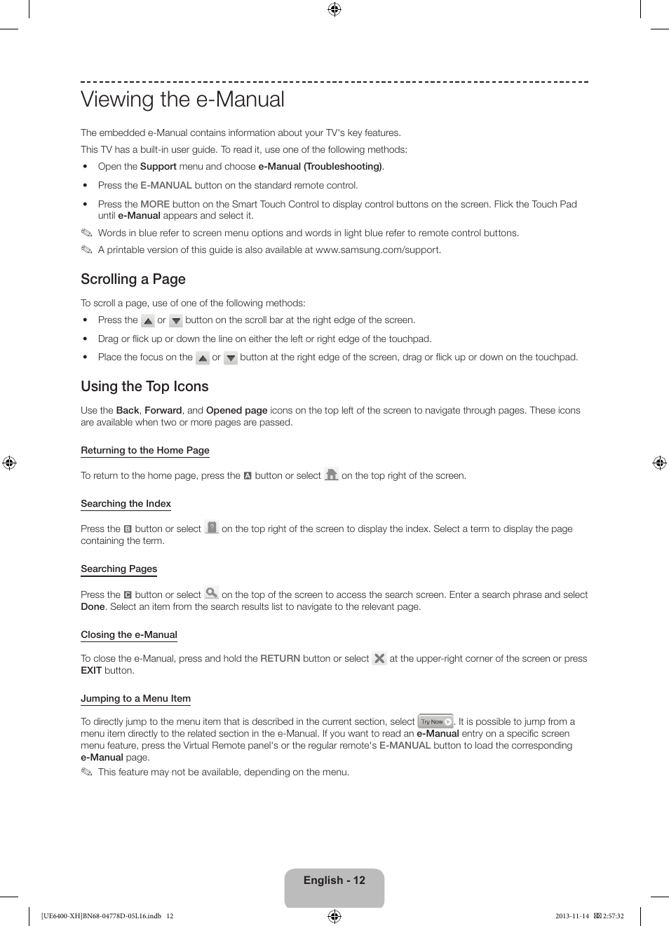 Viewing the e-manual, Scrolling a page, Using the top icons | Samsung UE40F6400AK User Manual | Page 12 / 385