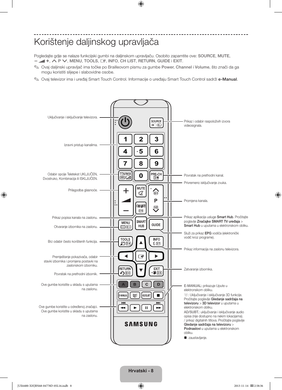 Korištenje daljinskog upravljača | Samsung UE40F6400AK User Manual | Page 128 / 385