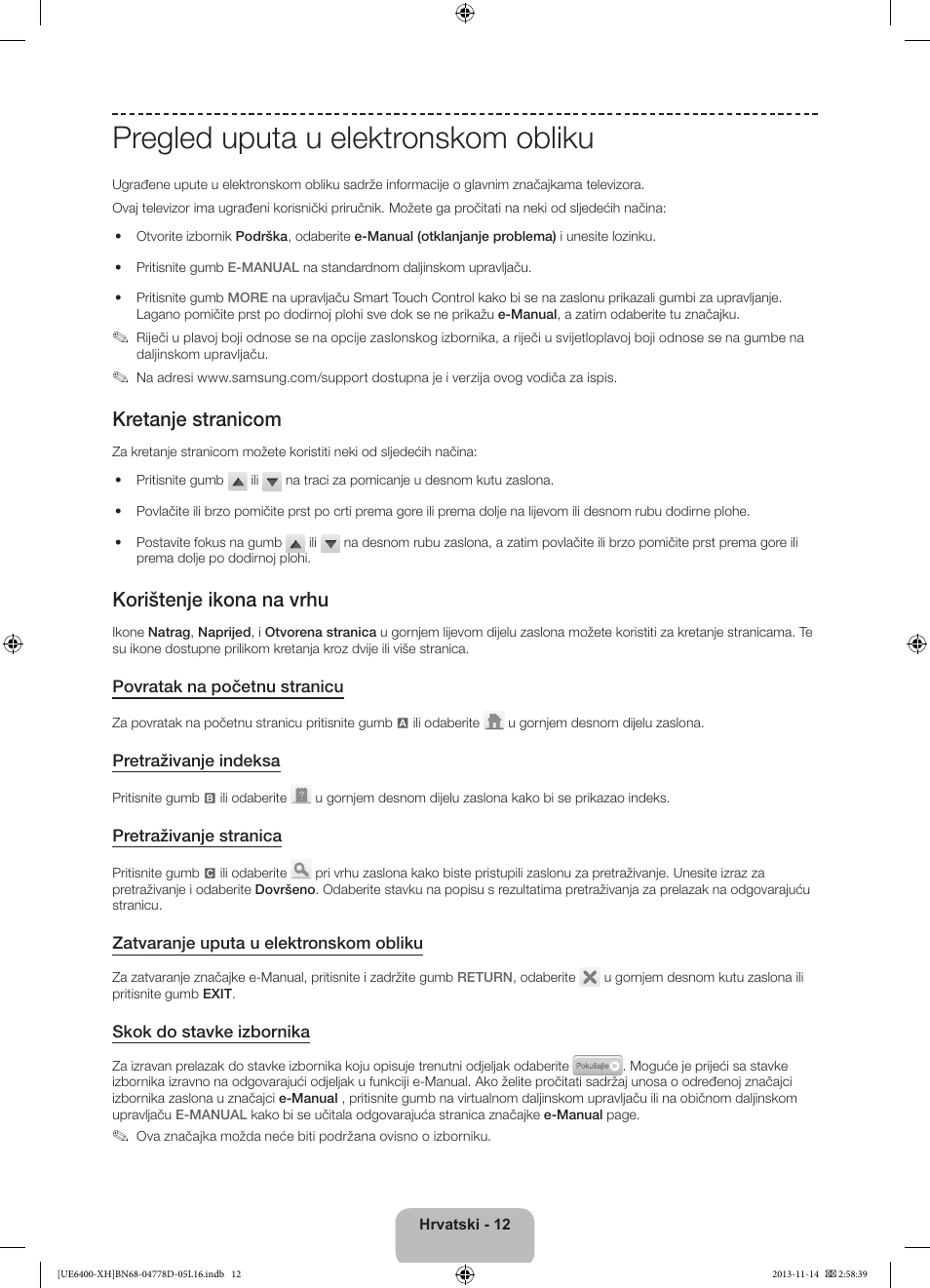 Pregled uputa u elektronskom obliku, Kretanje stranicom, Korištenje ikona na vrhu | Samsung UE40F6400AK User Manual | Page 132 / 385