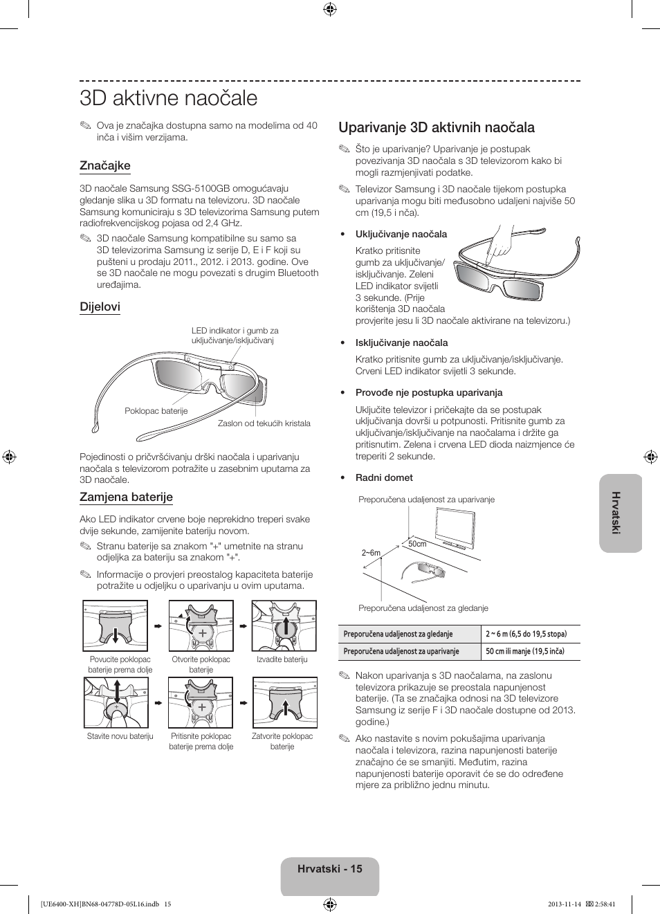 3d aktivne naočale, Uparivanje 3d aktivnih naočala | Samsung UE40F6400AK User Manual | Page 135 / 385