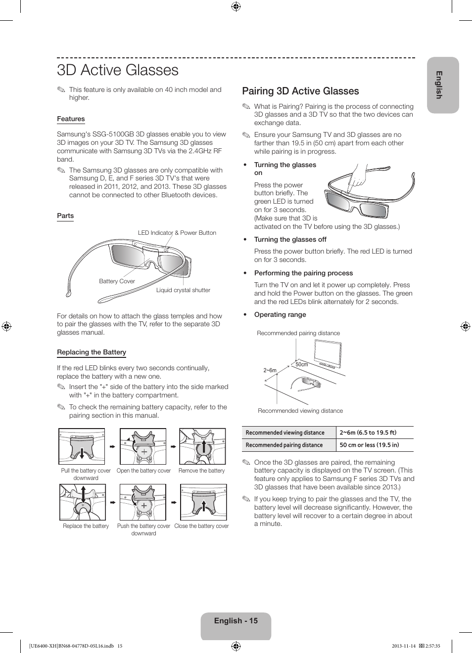 3d active glasses, Pairing 3d active glasses | Samsung UE40F6400AK User Manual | Page 15 / 385