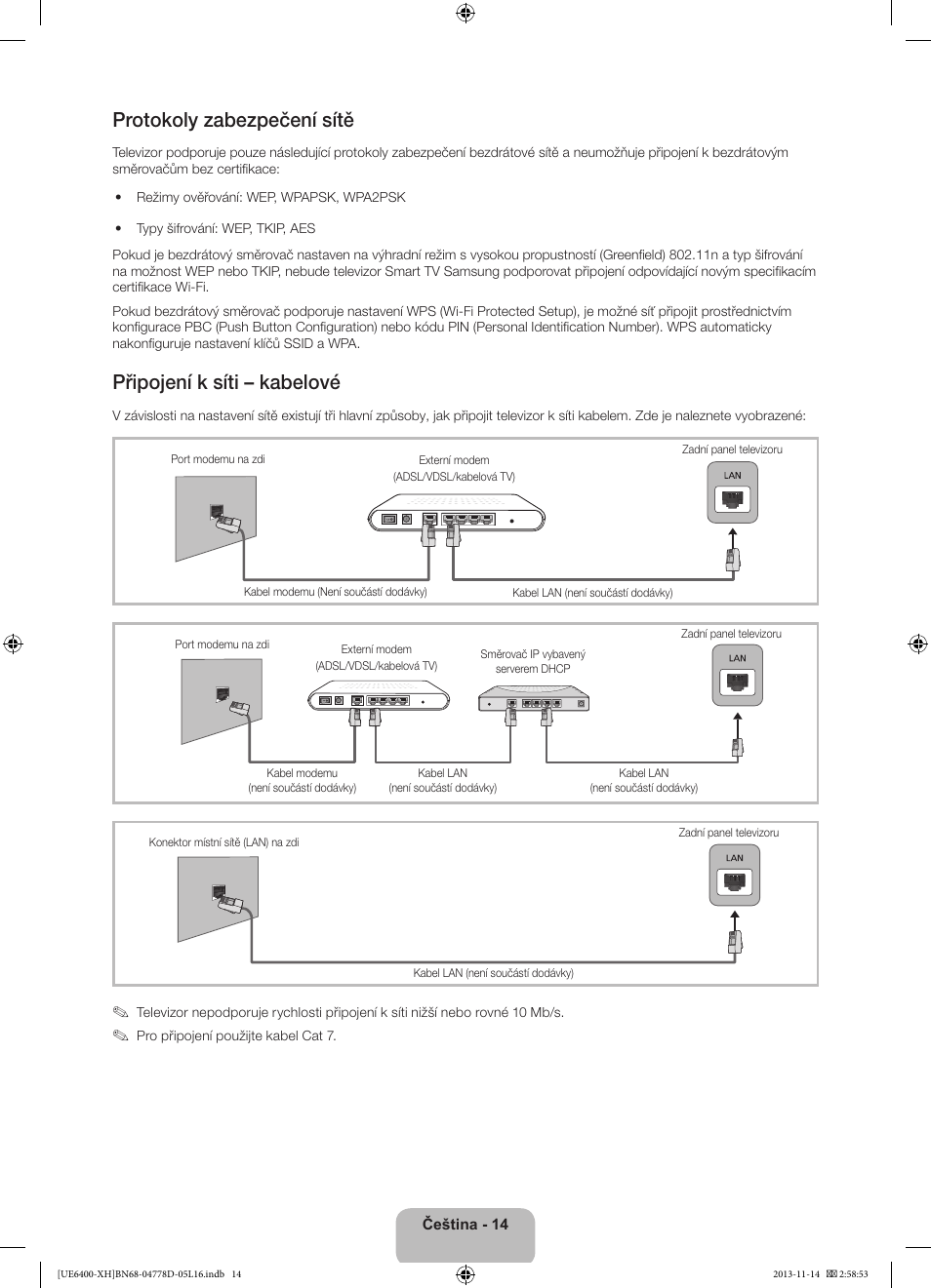 Protokoly zabezpečení sítě, Připojení k síti – kabelové | Samsung UE40F6400AK User Manual | Page 158 / 385