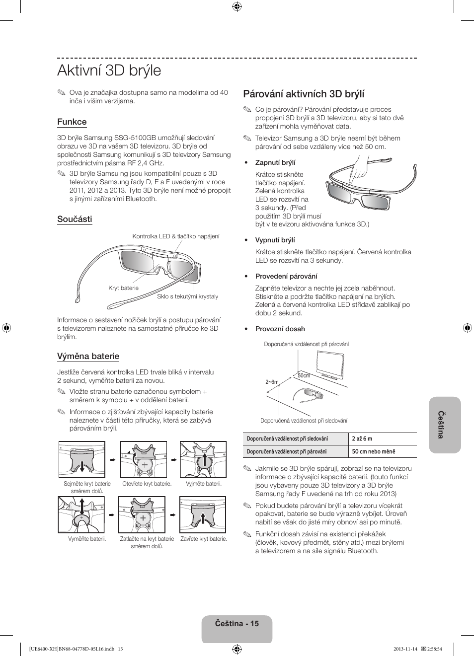 Aktivní 3d brýle, Párování aktivních 3d brýlí | Samsung UE40F6400AK User Manual | Page 159 / 385