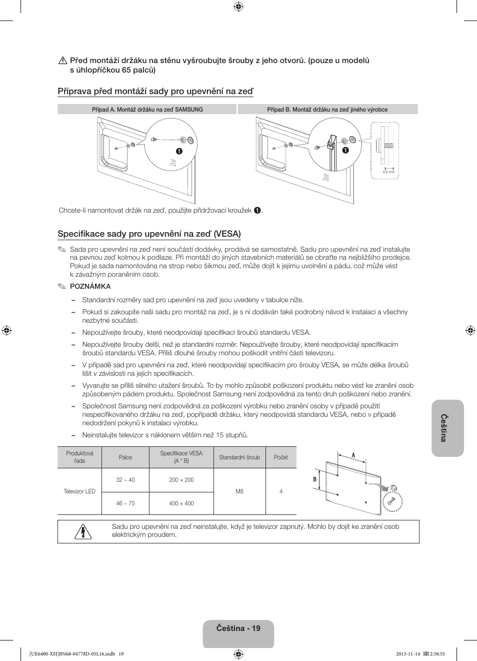 Příprava před montáží sady pro upevnění na zeď, Specifikace sady pro upevnění na zeď (vesa) | Samsung UE40F6400AK User Manual | Page 163 / 385