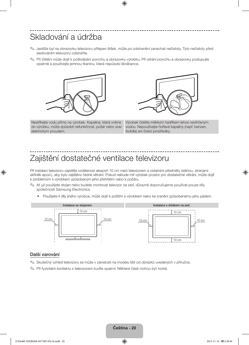 Skladování a údržba, Zajištění dostatečné ventilace televizoru | Samsung UE40F6400AK User Manual | Page 164 / 385