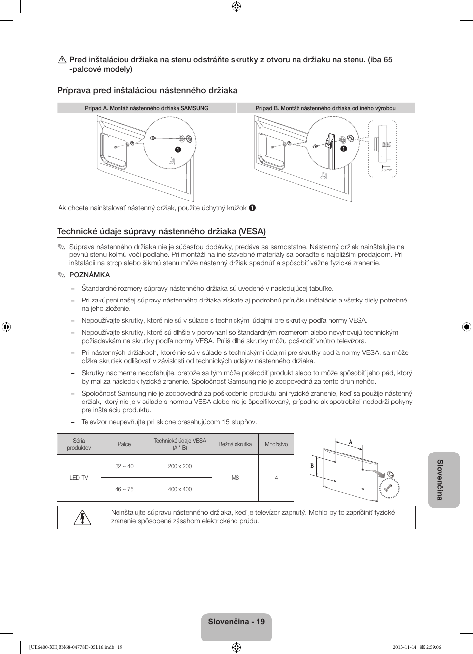 Príprava pred inštaláciou nástenného držiaka, Technické údaje súpravy nástenného držiaka (vesa) | Samsung UE40F6400AK User Manual | Page 187 / 385