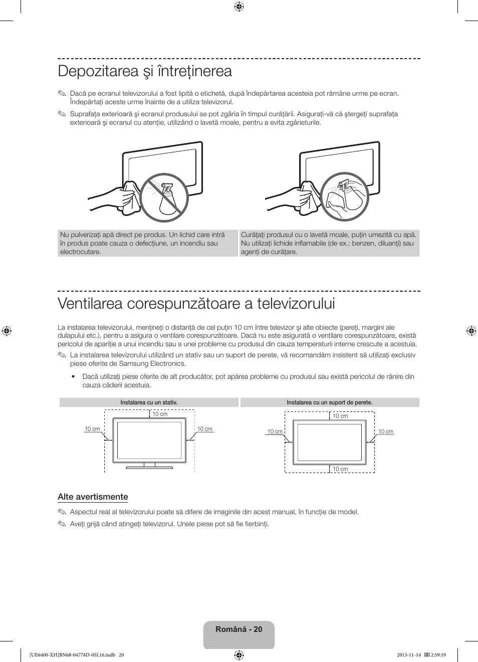 Depozitarea şi întreţinerea, Ventilarea corespunzătoare a televizorului | Samsung UE40F6400AK User Manual | Page 212 / 385