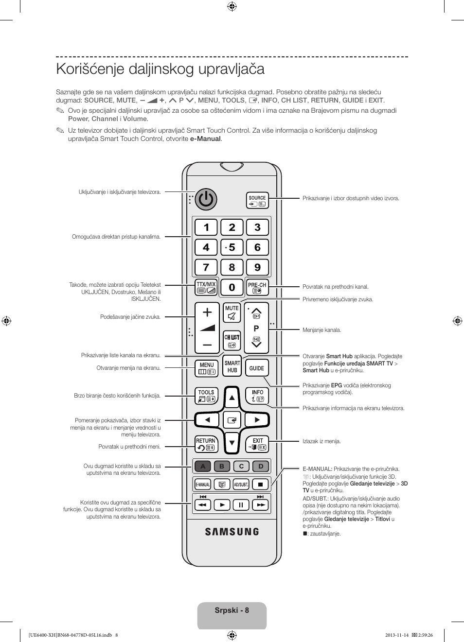 Korišćenje daljinskog upravljača | Samsung UE40F6400AK User Manual | Page 224 / 385